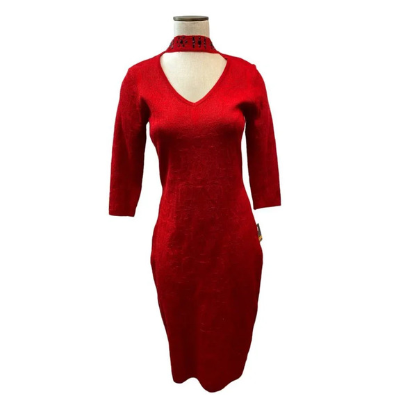 Taylor Cherry Red 3/4 length sleeves with black Rhinestones at‎ Neckline Sweater - Picture 1 of 3
